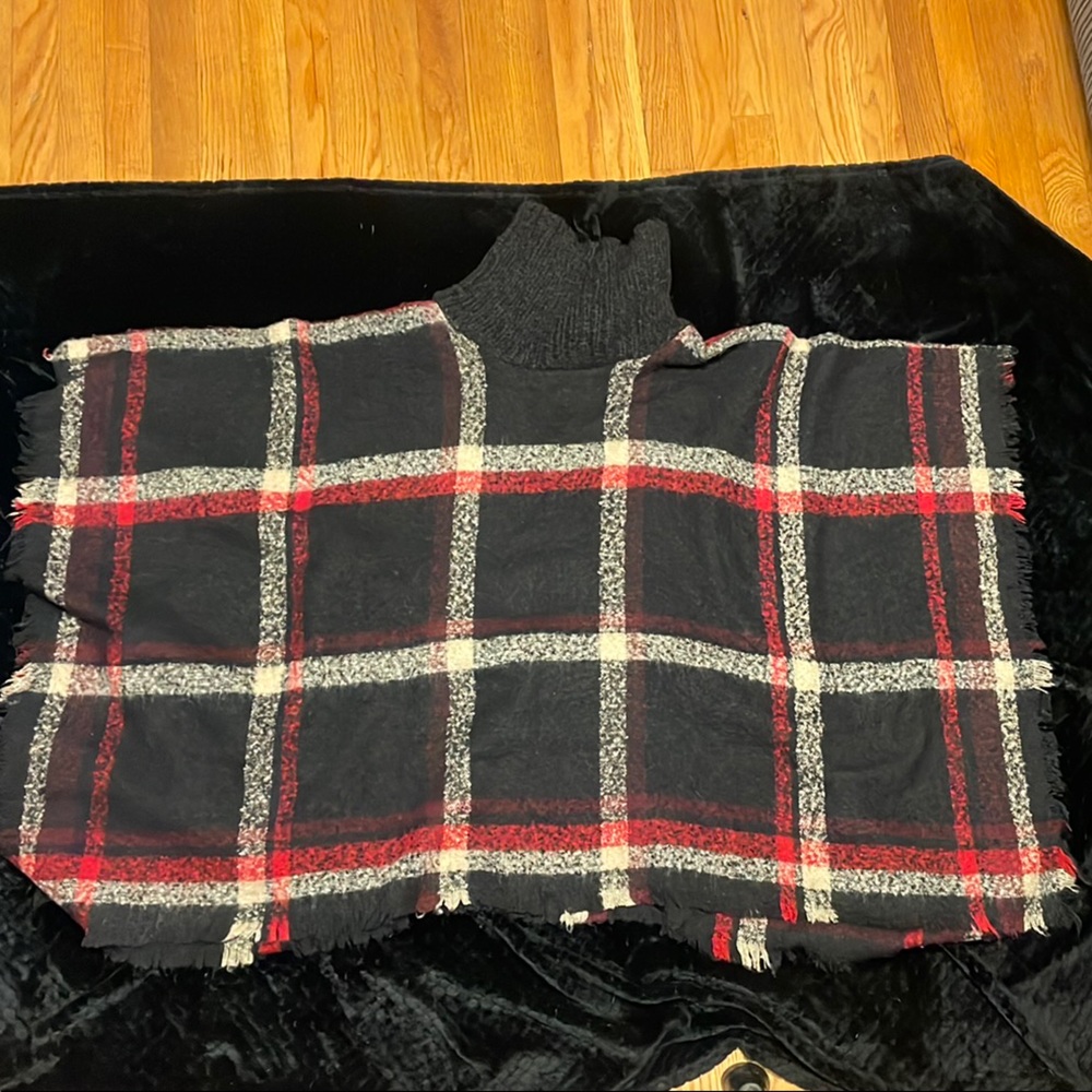 Black Plaid Poncho with Red and tan Checkered Design